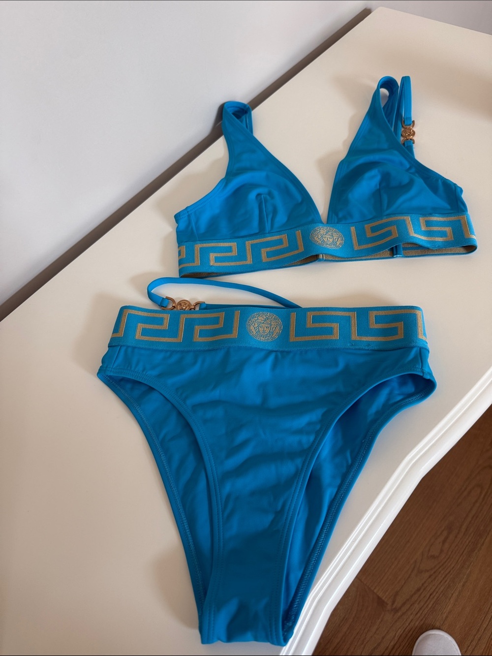 Versace Size 2 Turquoise High Rise Blue Gold-Trim Bikini Set - Picture 5 of 13